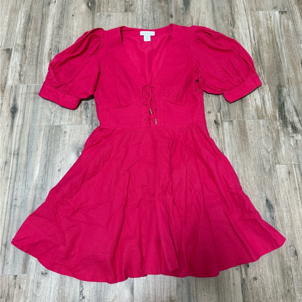House of Harlow Linen Blend Size 8 Vibrant Pink Puff Sleeve Dress